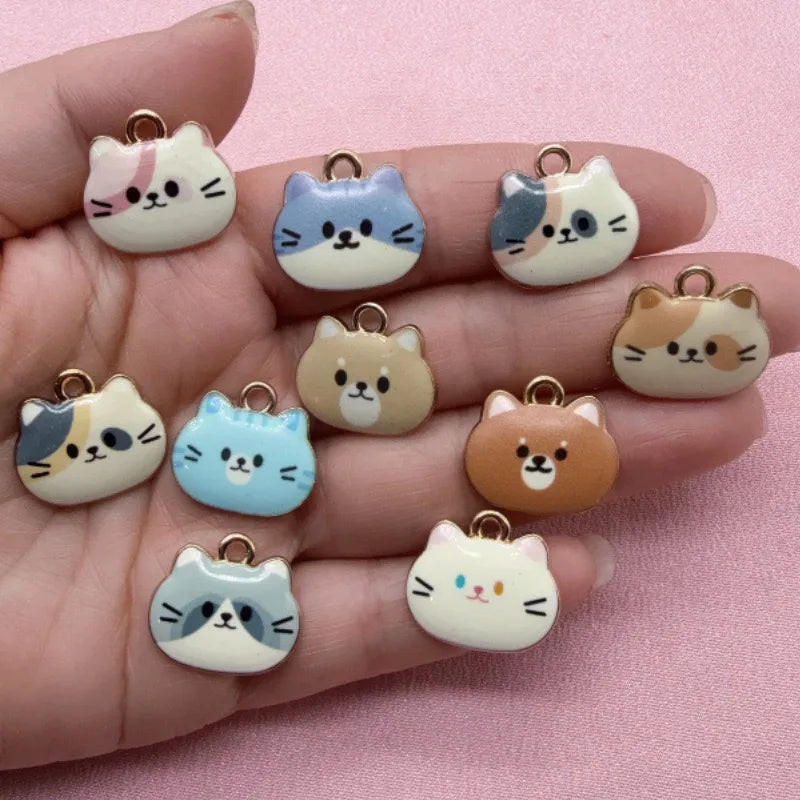 12pcs Printed Cat Head Alloy Drip Oil Pendant, DIY Jewelry Making Earrings, Keychains, Accessories