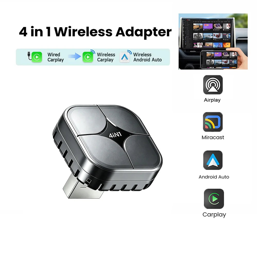 Upgrade 4in1 Carplay Smart Dongle Wireless Android Auto Mirror Link USB Plug and Play Auto Connect WiFi for Apple and Android