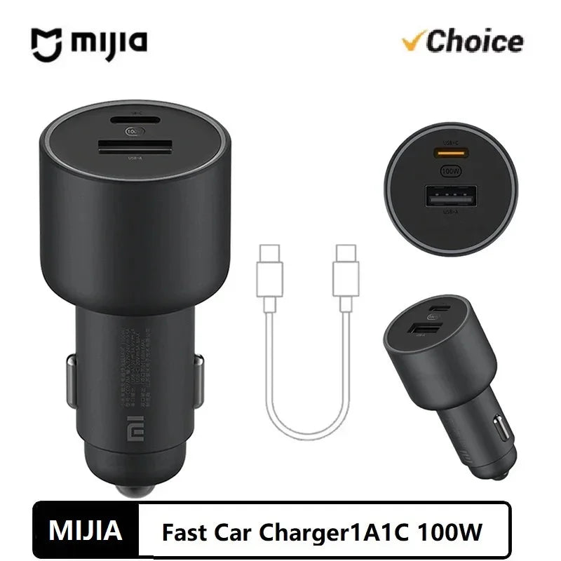 Original MIJIA 100W Car Charger Dual USB Quick Charge Wireless Mi Car Charger 100W USB-A USB-C Dual Output LED Power