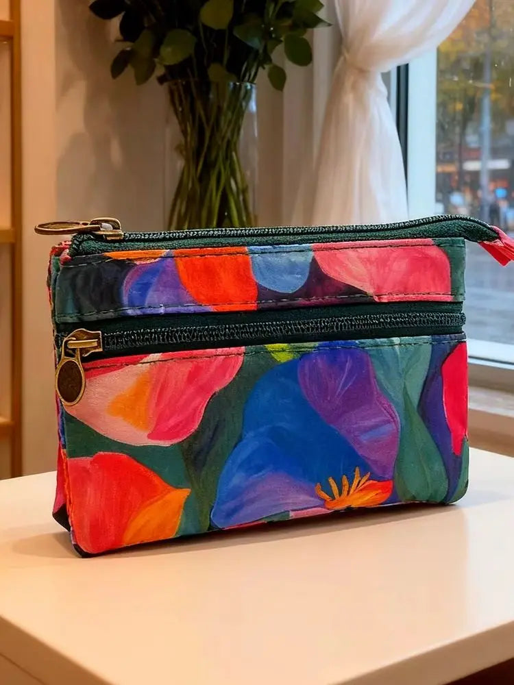Women's short purse with cotton fabric printed design, light and fresh style, card holder, coin holder, student's small wallet