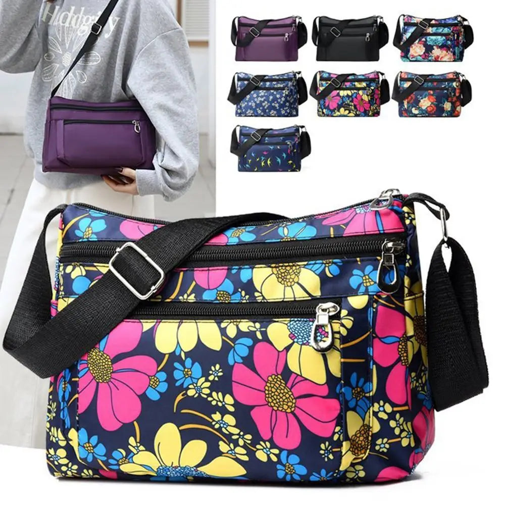 Fashion Nylon Women Shoulder Bag Floral Printed Large Capacity Messenger Bag Waterproof Multi-layer Pocket Handbag Mom