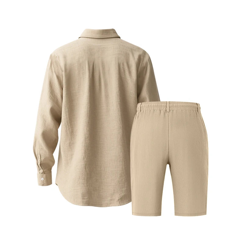 Men's Loose Trendy Linen Two-Piece Set: Shirt and Drawstring Shorts, Lightweight Summer Beach Casual Sports Outfit