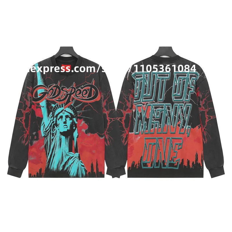 2026 Quality American Skeleton Pattern Printed Washed GODSPEED Long Sleeves T-shirt High Street Casual Cotton Round Neck Men Top