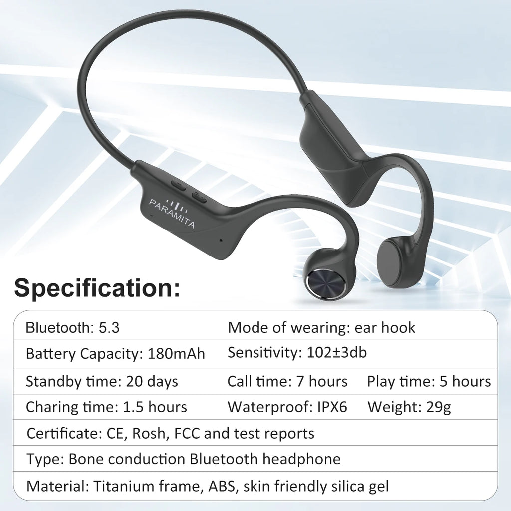 PARAMITA Real Bone Conduction Bluetooth Headphone Wireless Earphone IPX6 Waterproof Headset with Mic for Workouts Driving Sports
