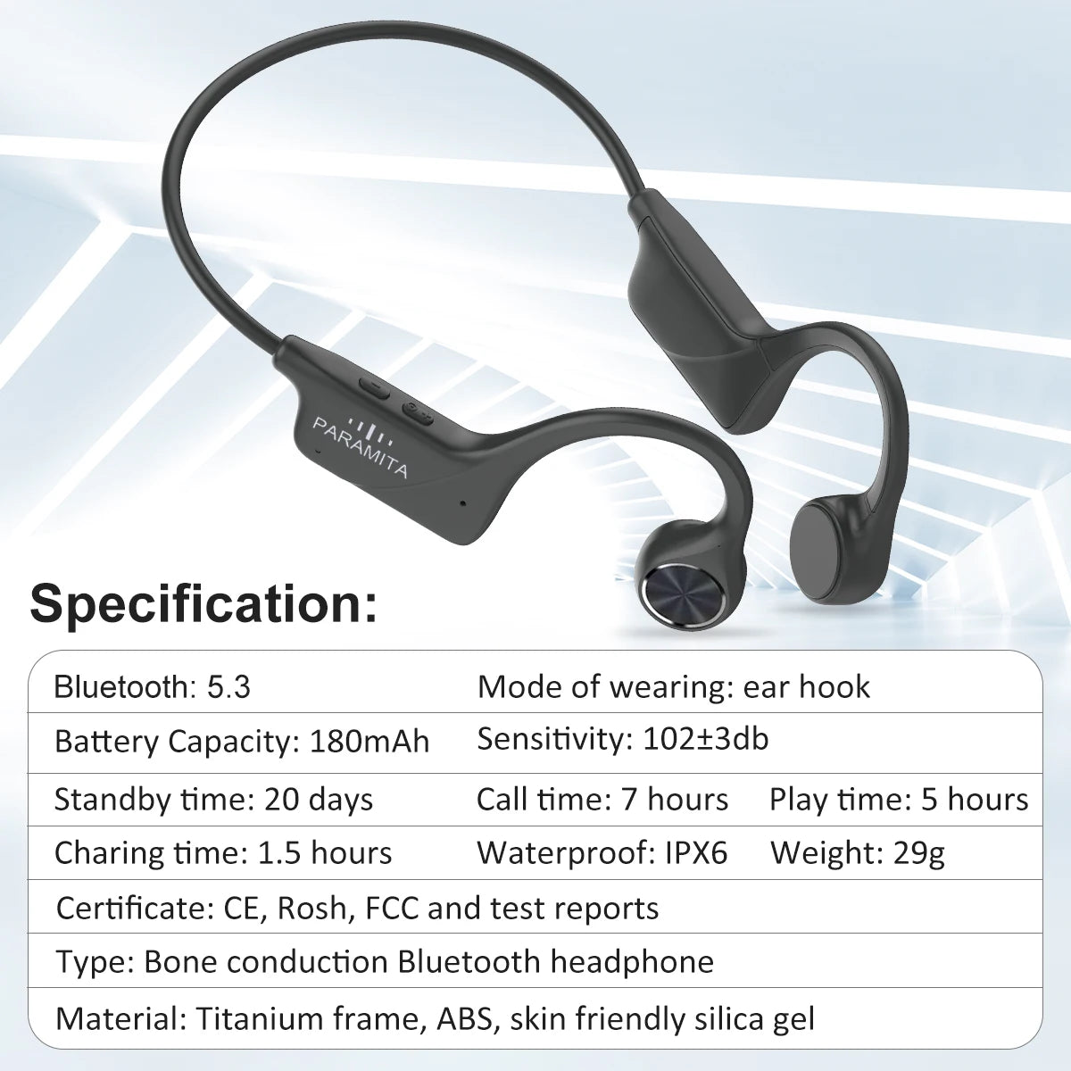 PARAMITA Real Bone Conduction Bluetooth Headphone Wireless Earphone IPX6 Waterproof Headset with Mic for Workouts Driving Sports