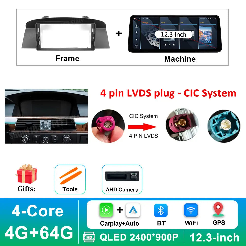 12.3 '' Ultra-thin Screen Android 16 BT for BMW 5 Series E60 E61 E62 2004 - 2012 CIC CCC System GPS Car Video Multimedia Player