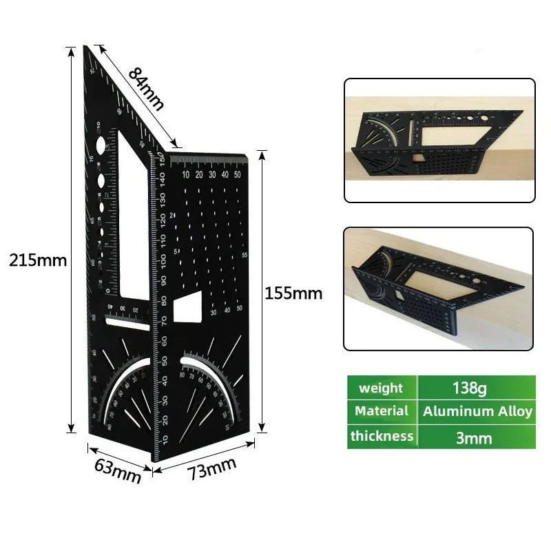 Multi Functional Aluminum Alloy Square Ruler, 45 Degree and 90 Degree Angle Measuring Ruler, Woodworking Measuring Tool