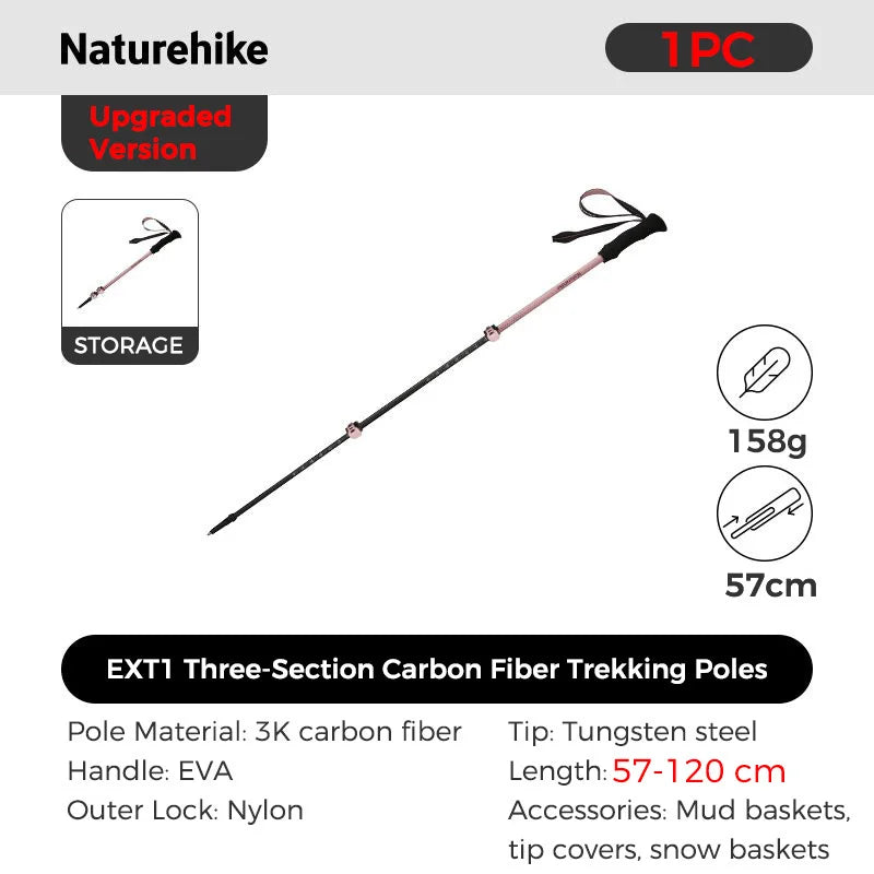 Naturehike 3-section Carbon Fiber Hiking Poles Ultralight Telescopic Trekking Poles Outdoor Hiking Camping Walking Stick