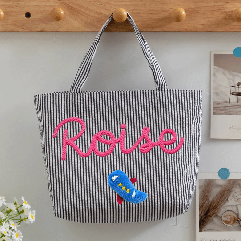 Custom Seersucker Cosmetic Handbag and Travel Organizer — Personalized Chenille Letter Toiletry Bag and Summer Beach Tote