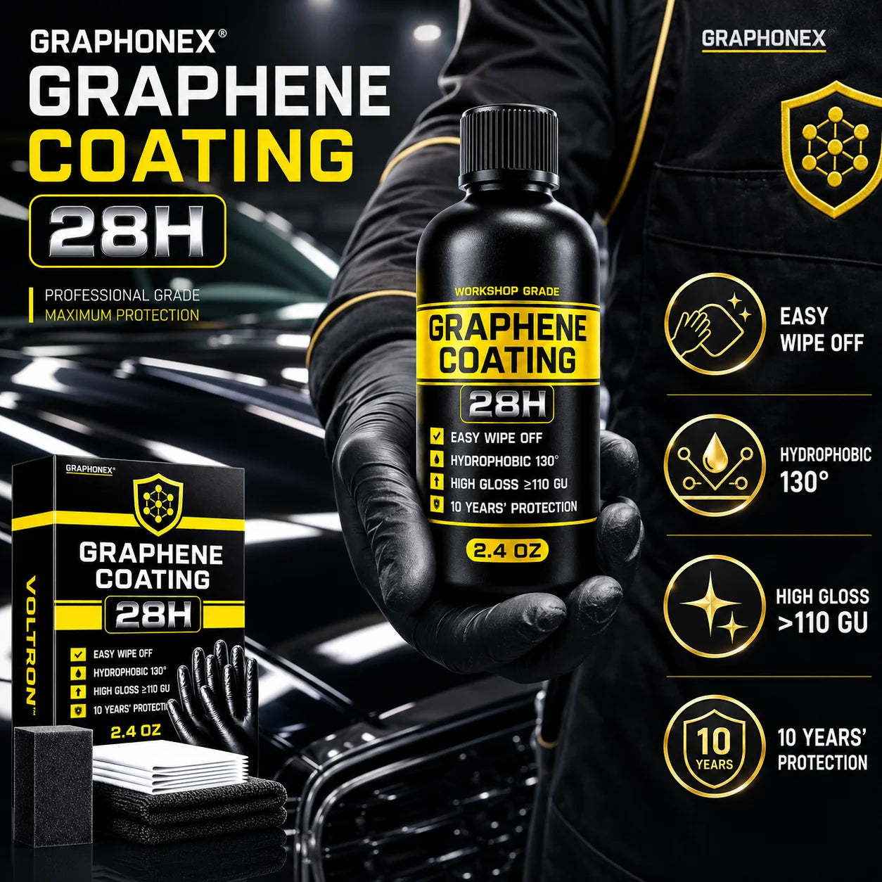Graphene Ceramic Coating 28H with Self Healing and UV Track Technology Car Detailing Professionals 10+ Years of Protection