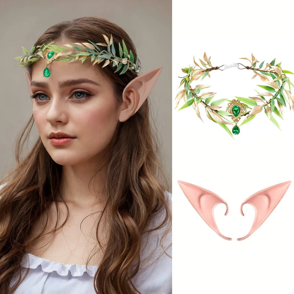 Retro Fairy Leaf Rhinestone Headband Elf Ears Woven Forest Garland Tiara Girl Elven Headpiece for Role-playing Party Costume
