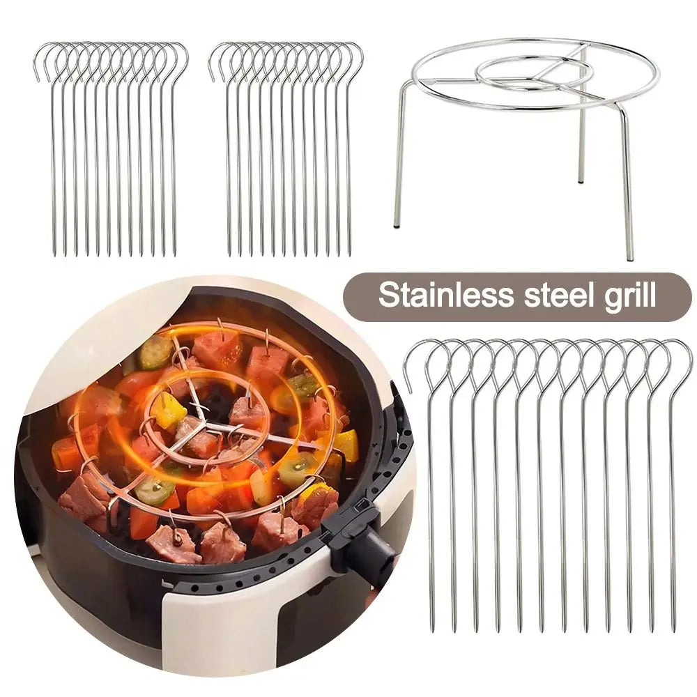 New Stainless Steel Air Fryer Grill Round with Grilled Skewers Barbecue Grill Hanging Skewers Rack for Home Kitchen Outdoor