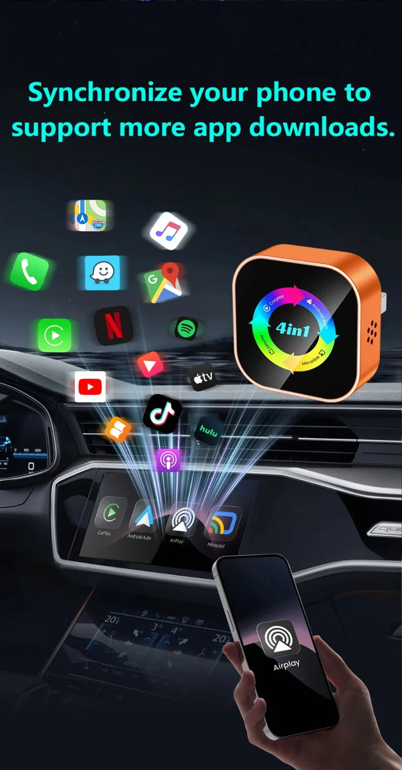 Wireless Carplay 4-in-1 Adapter Android Auto Connect Airplay Mirror Link Screen Plug and Play Bluetooth for Apple and Android