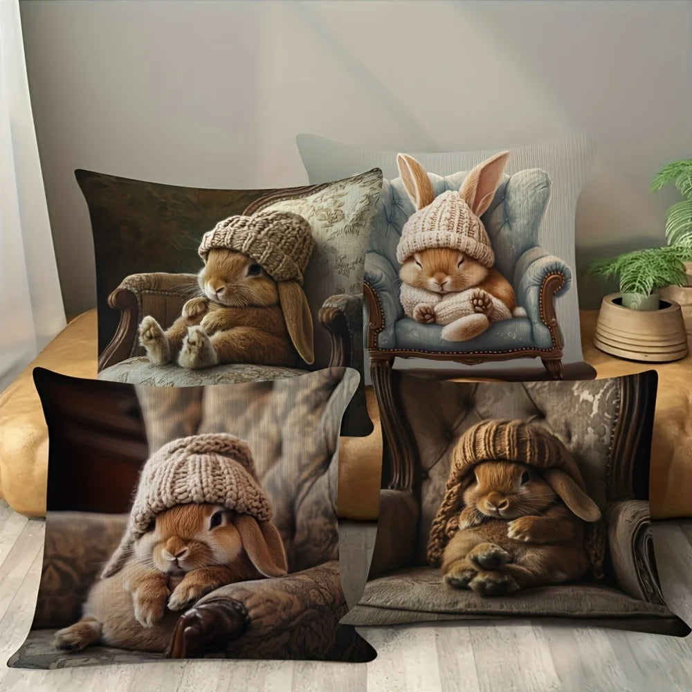 4Pcs Cute Rabbit Pillow Covers for Spring Summer & Easter - Soft Polyester Fiber, Single-Sided Print with Hidden Zipper
