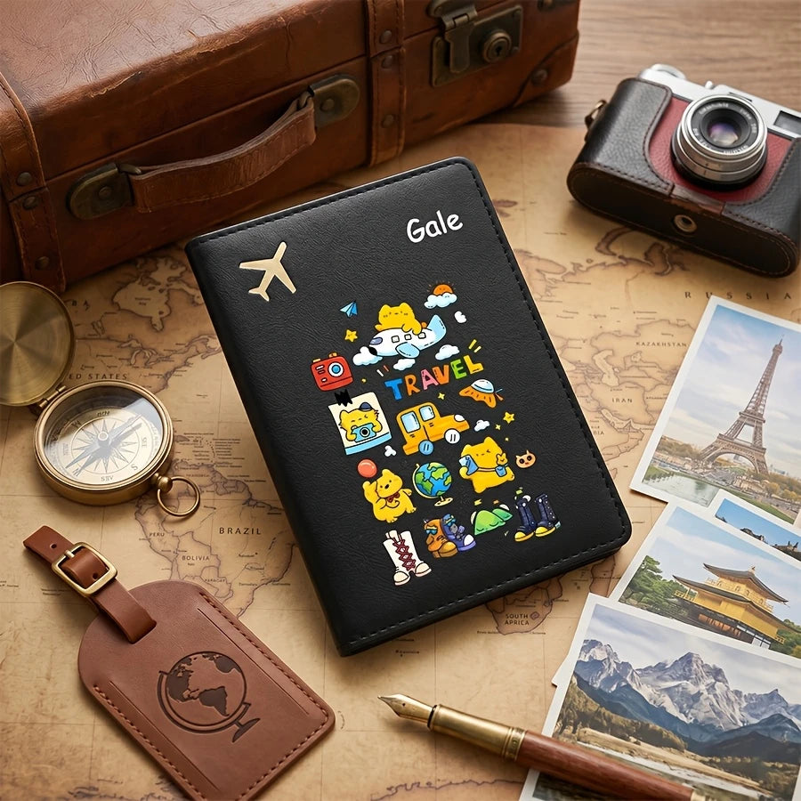 Personalized Name Text Passport Holder, Cute Cartoon Passport Case, Passport Cover And Document Organizer, Travel Ticket Holder