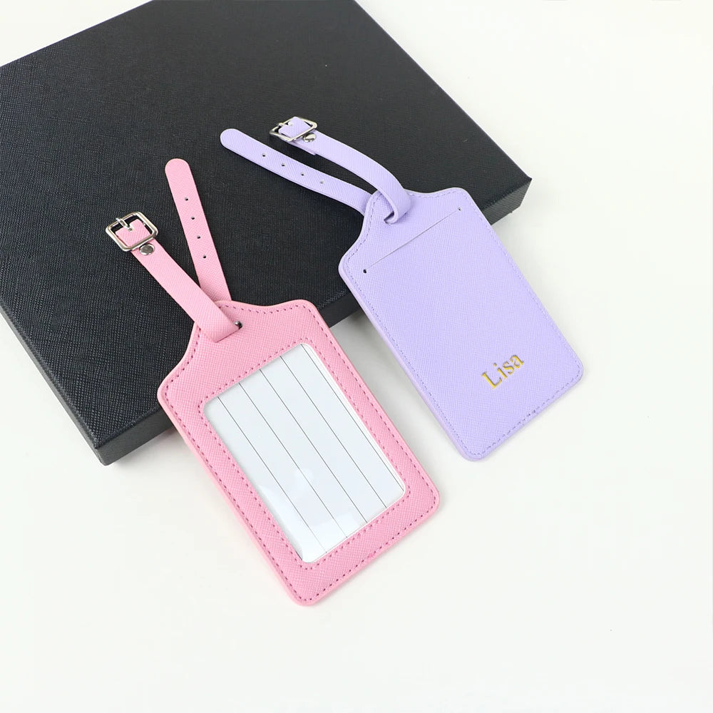 Customized name PU leather half-round luggage tag set with cross-patterned genuine leather travel case label pendant