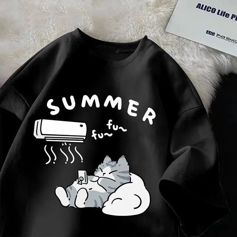 Plus Size Summer Japanese Cartoon Cute Cat Fun Print Short Sleeve T-shirt Women's Loose Casual Half Sleeve Soft Bottom Shirt Top
