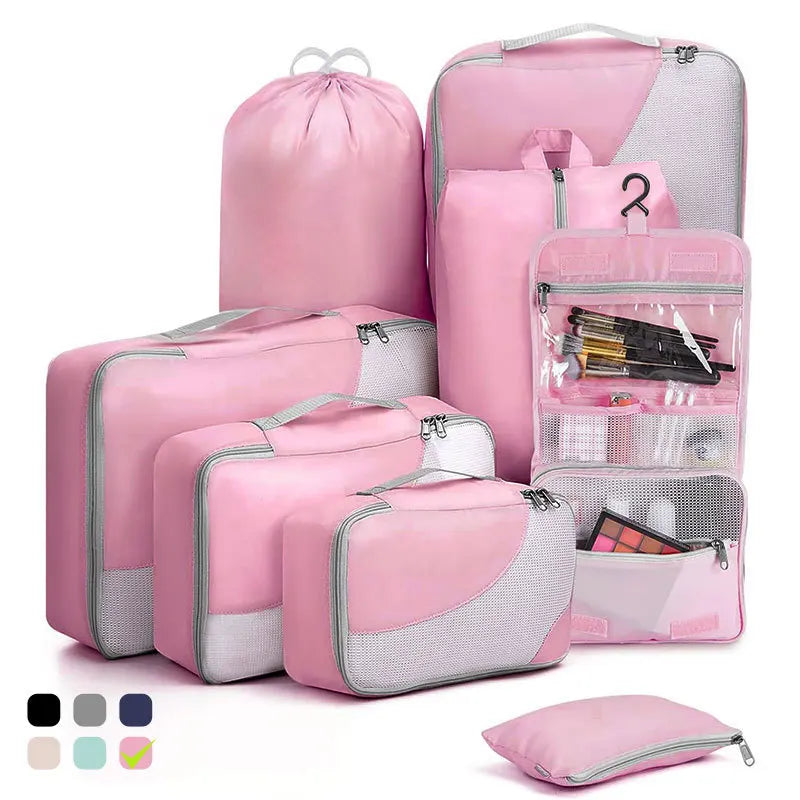 Good Quality 8 Pieces Suitcase Organizer Pouch Visual Mesh Packing Cubes Tear-resistant Clothing Storage Bags with Toiletry Bag