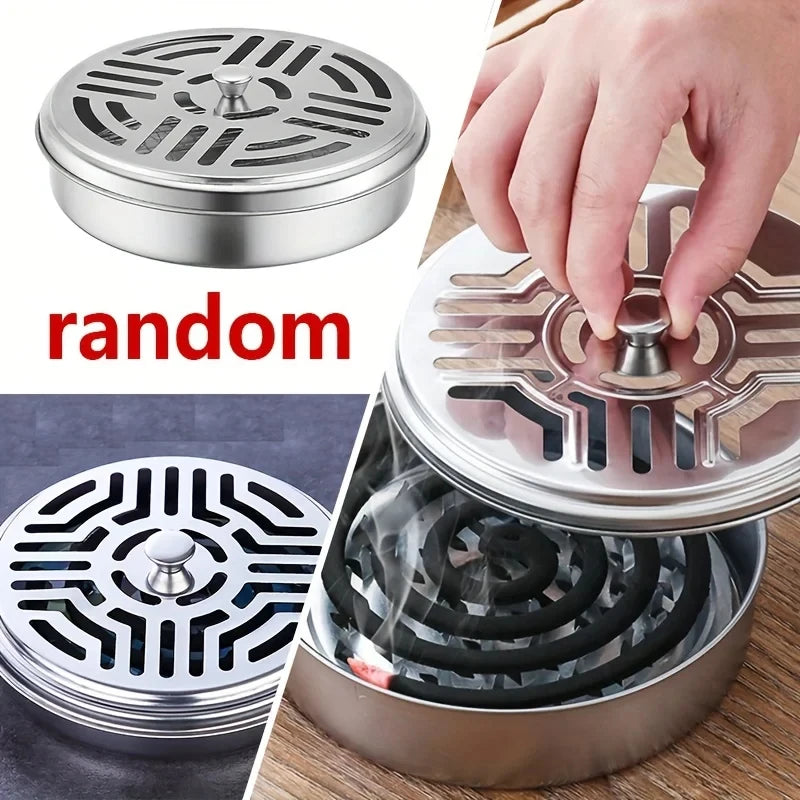 Stainless Steel Mosquito Coil Tray With Cover Large Portable Mosquito Coil Holder Box Anti-Mosquito Spiral Incense Coil Burner