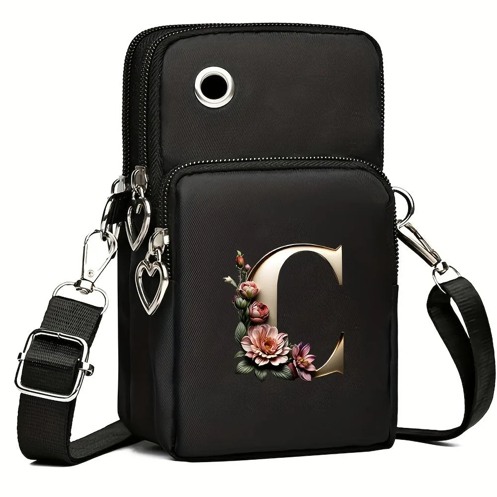 Fashion A-Z Letter Print Women's Crossbody Bag Large Capacity Three-Layer Zipper Phone Bag Daily Travel Coin Purse