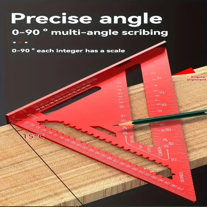 Red Aluminum Alloy Speed Square - High Precision Woodworking Triangle Ruler with Serrated Edge, 45/90 Degree Angle Measuring Too