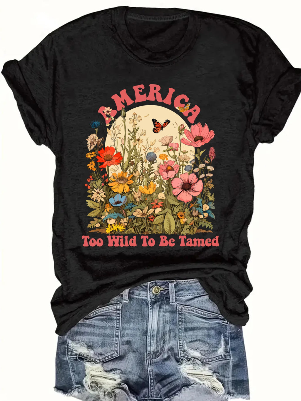 Women's plus size tank top America Wild Flowers Butterfly Text Suitable for sports and daily wear sleeveless casual top, summer