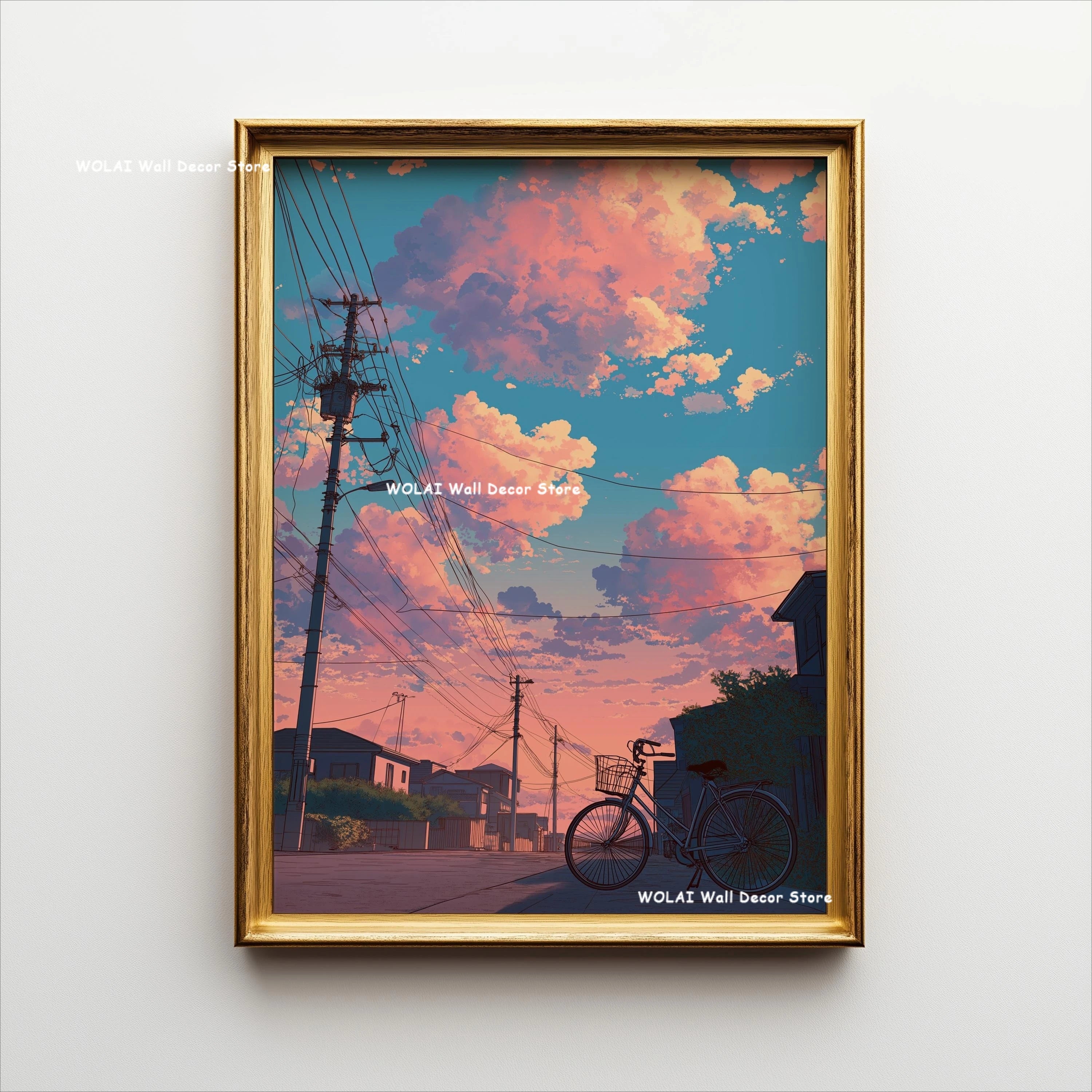 Anime Cafe Shop and Bicycle Canvas Poster Ghibli Work Anime Style Street Cafe Scene Wall Art Printing for Living Room Home Decor