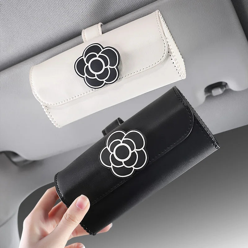 Camellia Flower Leather Car Glasses Holder Universal Sunglasses Case Sunshade Organizer Storage Box Auto Interior Accessories