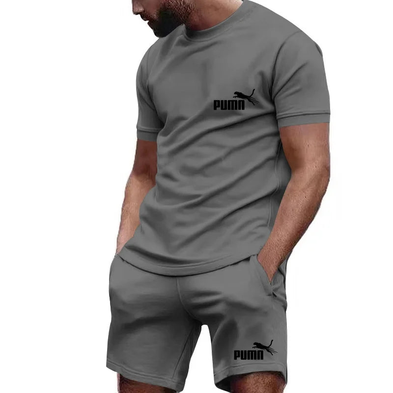 2026 new summer men's T-shirt+shorts set printed fashionable casual round neck pullover, breathable quick running sports shorts