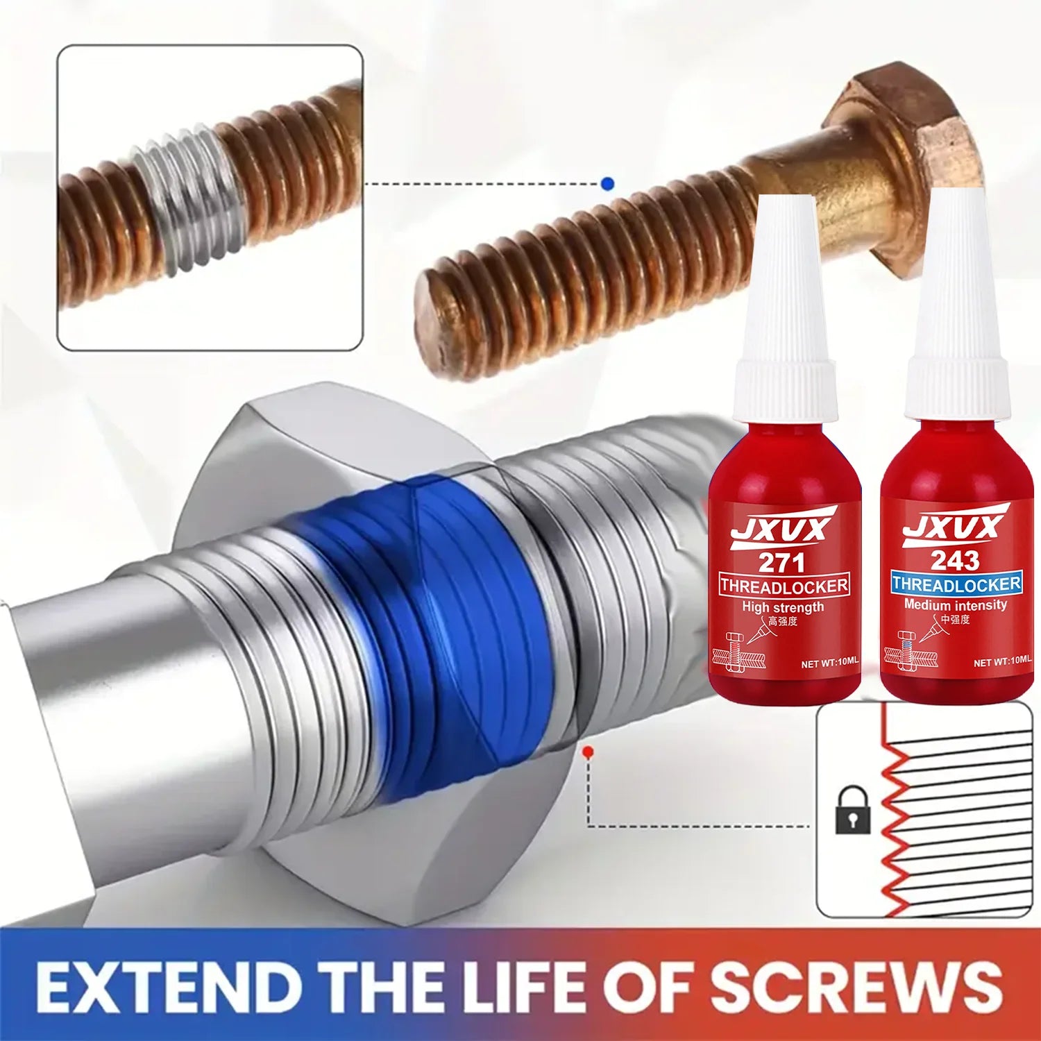 Threadlocker 243 blue 271 red Threadlocking adhesive compound Anaerobic adhesive Sealant Medium-to-high strength, oil-resistant, high-temperaturechoice for industrial machinery metal fasteners.