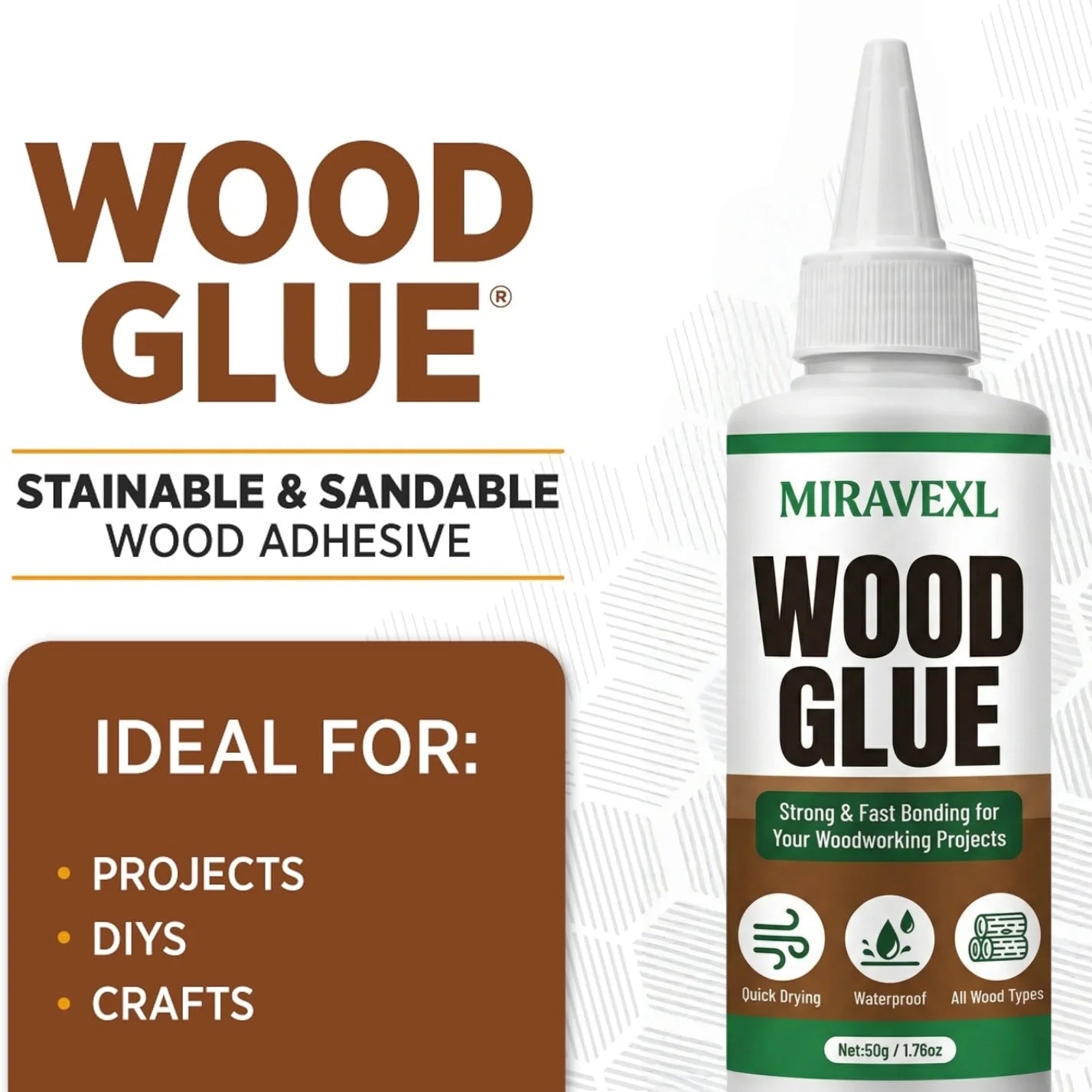 Quick Drying Wood Glue Strong Bond Adhesive for All Wood Types Carpentry and Outdoor Woodwork Maintenance 50g MIRAVEXL