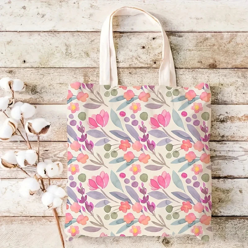 Unisex Canvas Baguette Bag Art Wildflower Pattern Reusable Shopping Tote Large Capacity Double Sided Print Storage Pouch Personal Items Organizer Gift for Friend