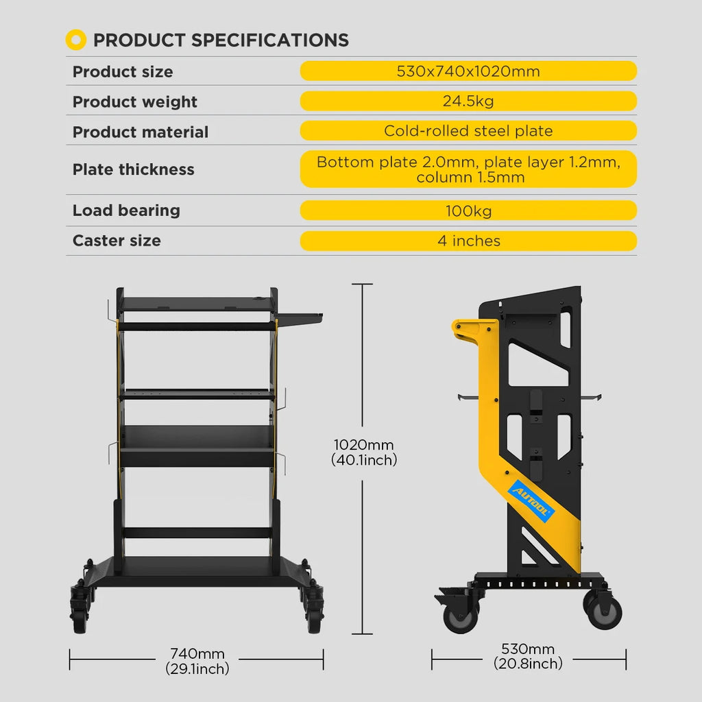AUTOOL T22 Tier Tool Cart Car Repair Workshop Auxiliary Equipmen Toolbox Storage Heavy Duty Cart Tool Lockable Casters