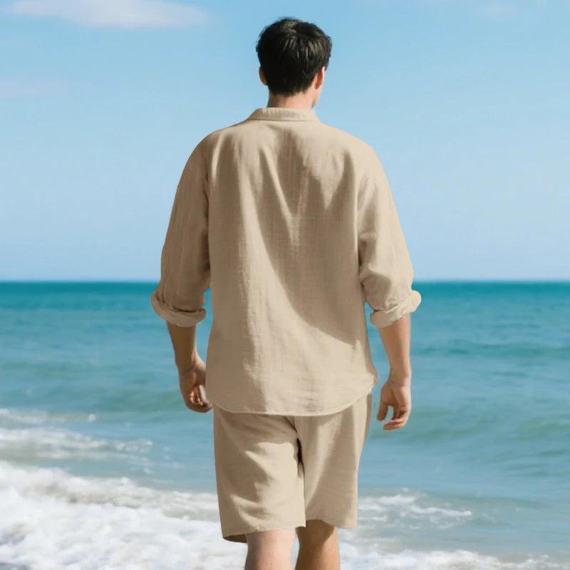 Men's Loose Trendy Linen Two-Piece Set: Shirt and Drawstring Shorts, Lightweight Summer Beach Casual Sports Outfit