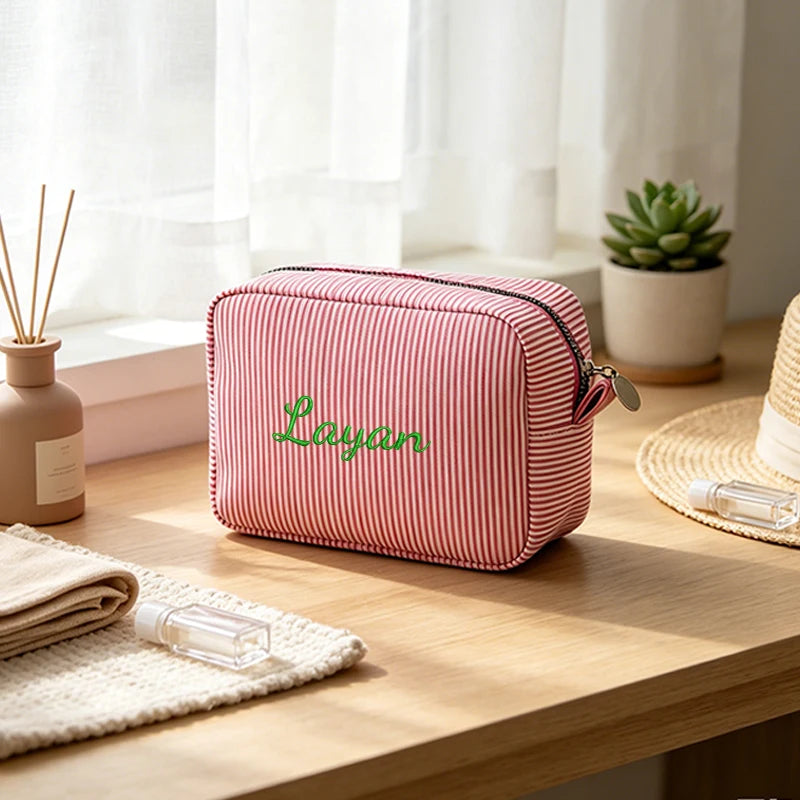 Customised Embroidery/Standard Style 2 Options, High-Look Striped Clutch, Large Capacity Makeup Bag, Back-to-School Season! Gift
