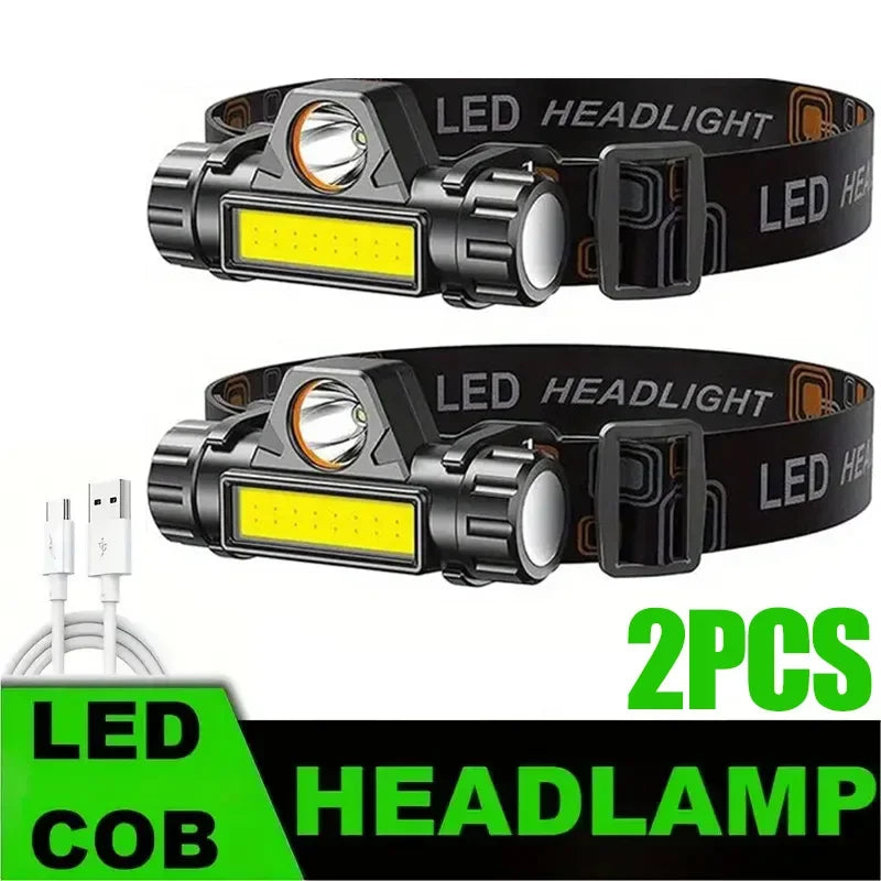 1/2PCS LED+COB Portable Headlamp with 400MAh Magnetic Lightweight Head Flashlight for Outdoor Camping Running Fishing Emergency