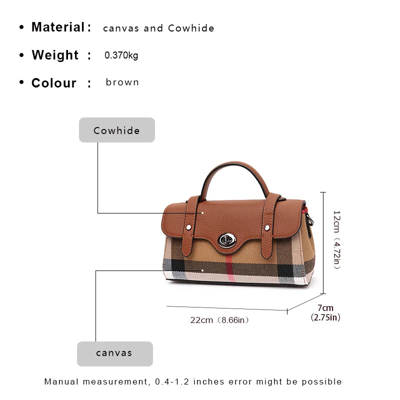 Aidrani  Classic plaid single shoulder crossbody bag, canvas patchwork cowhide mini bag