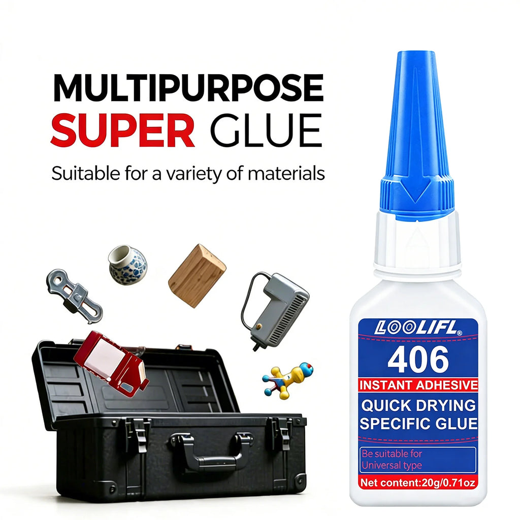 Loolifl 406 Instant Adhesive Quick Drying Super Glue with Precision Tips Cyanoacrylate Glue for Metal Plastic Ceramic Drepair20G