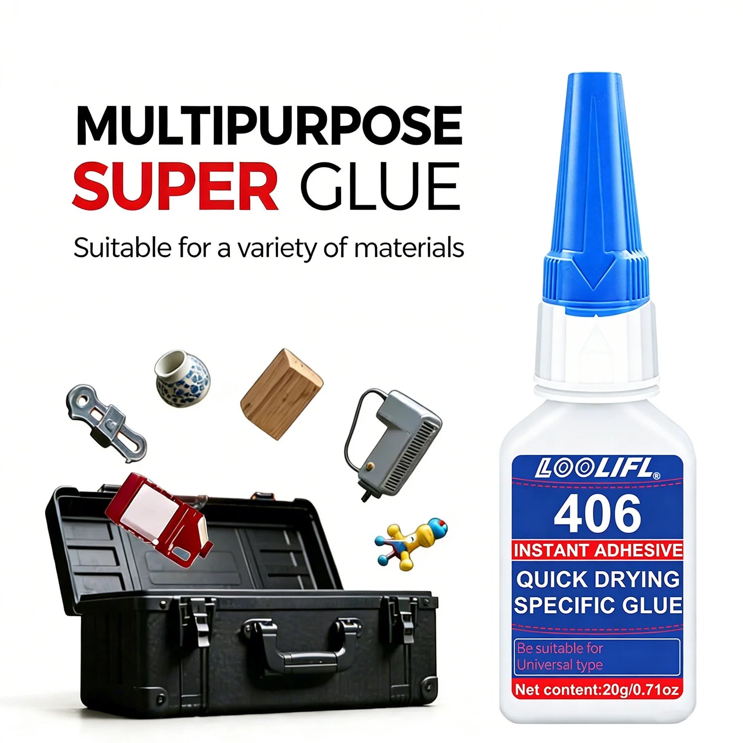 Loolifl 406 Instant Adhesive Quick Drying Super Glue with Precision Tips Cyanoacrylate Glue for Metal Plastic Ceramic Drepair20G