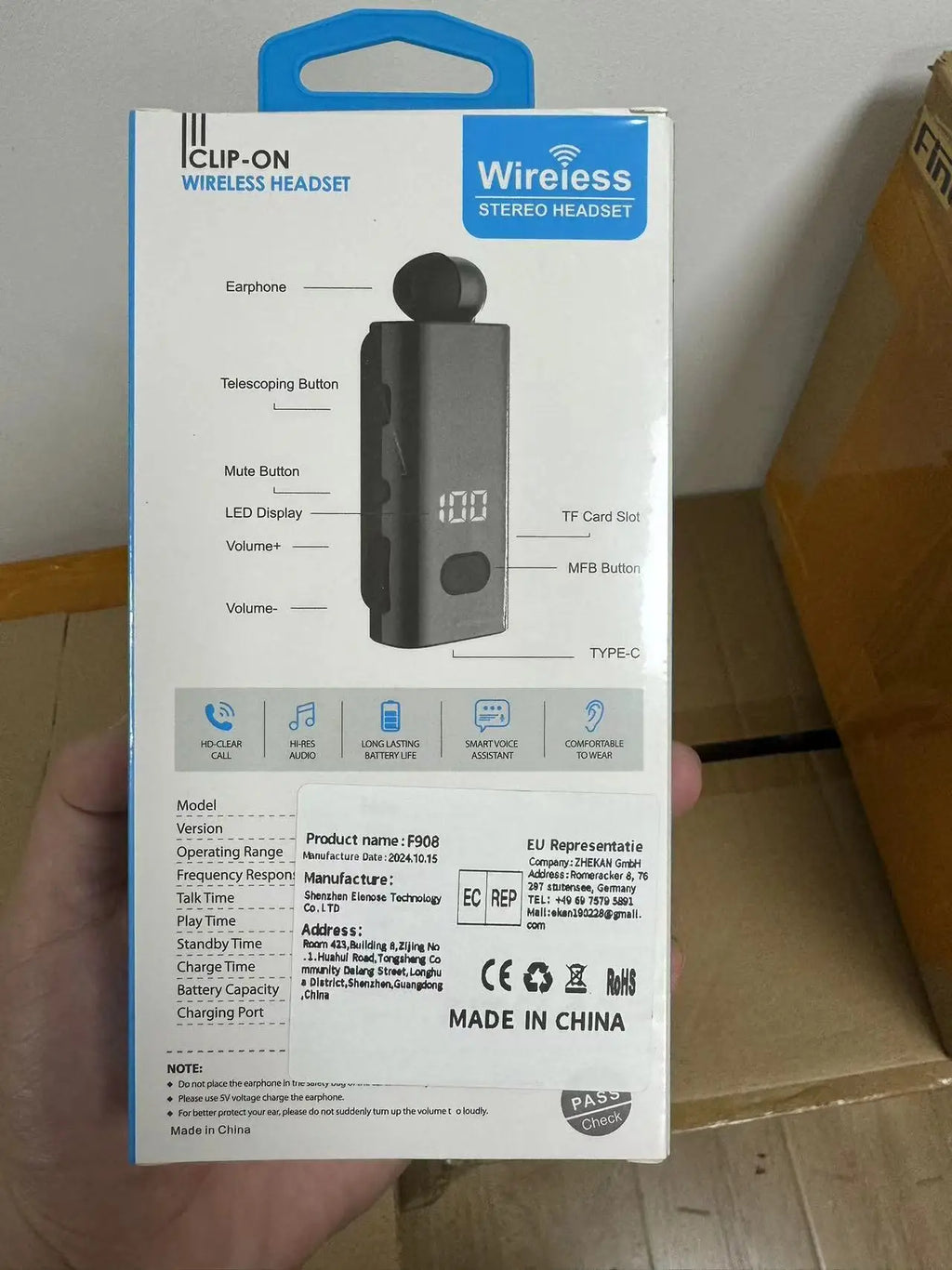 F908 TF Card 5.4 Bluetooth Headset Business Call Remind Vibration Sport Clip Driver Auricular Earphone Wireless Clip-on Earphone