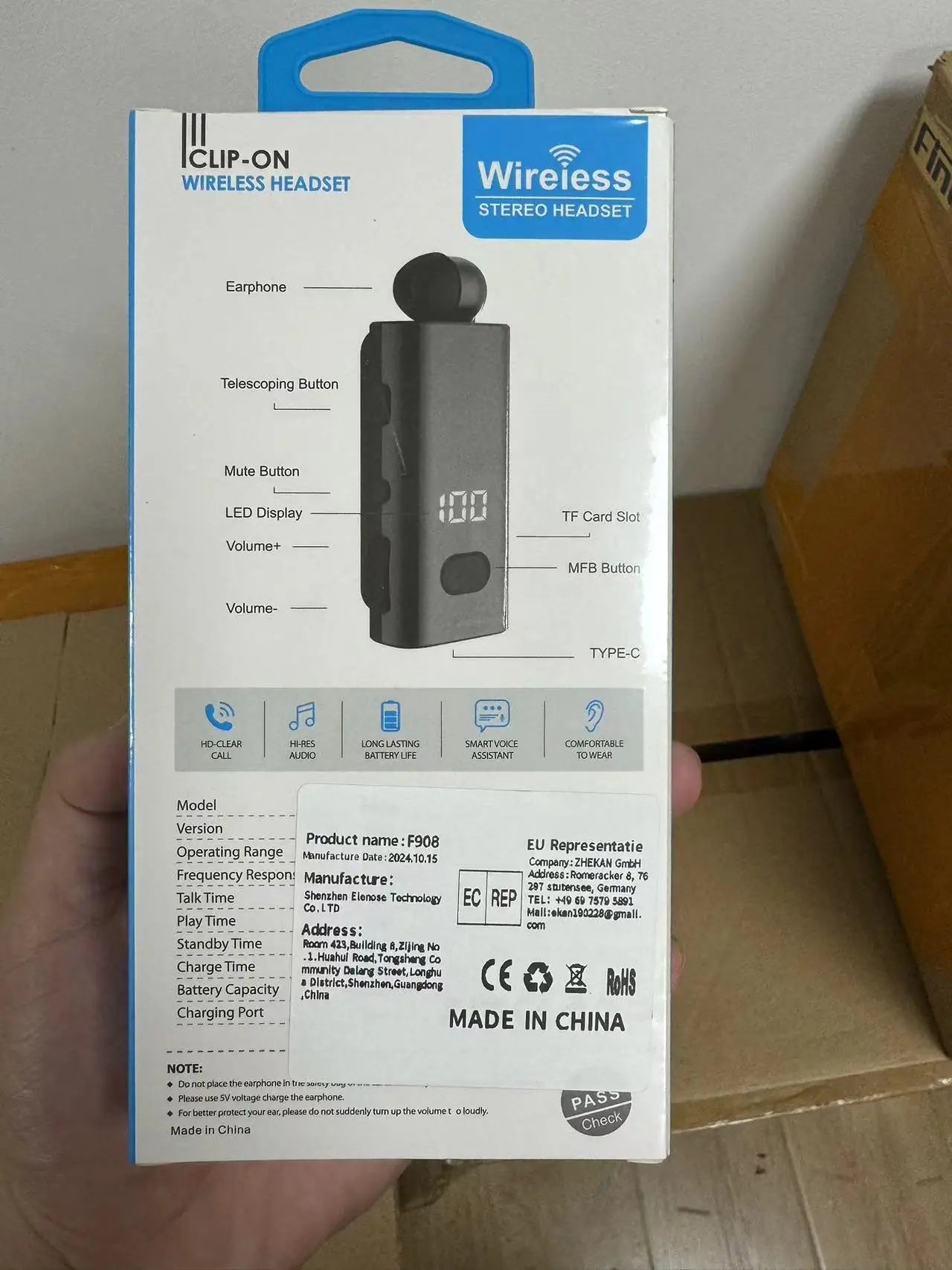 F908 TF Card 5.4 Bluetooth Headset Business Call Remind Vibration Sport Clip Driver Auricular Earphone Wireless Clip-on Earphone