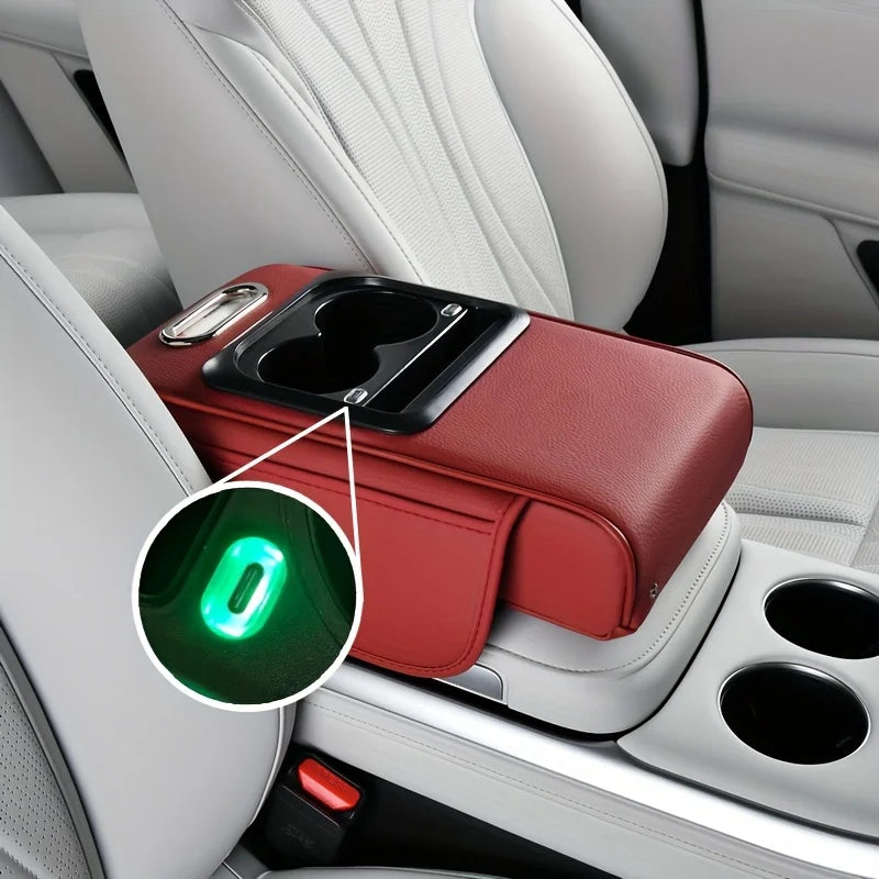 Dual Type-C Ports with Lighted Sockets, Universal Integrated Multifunctional Car Center Armrest Box, Includes Adapter and Tissue Holder