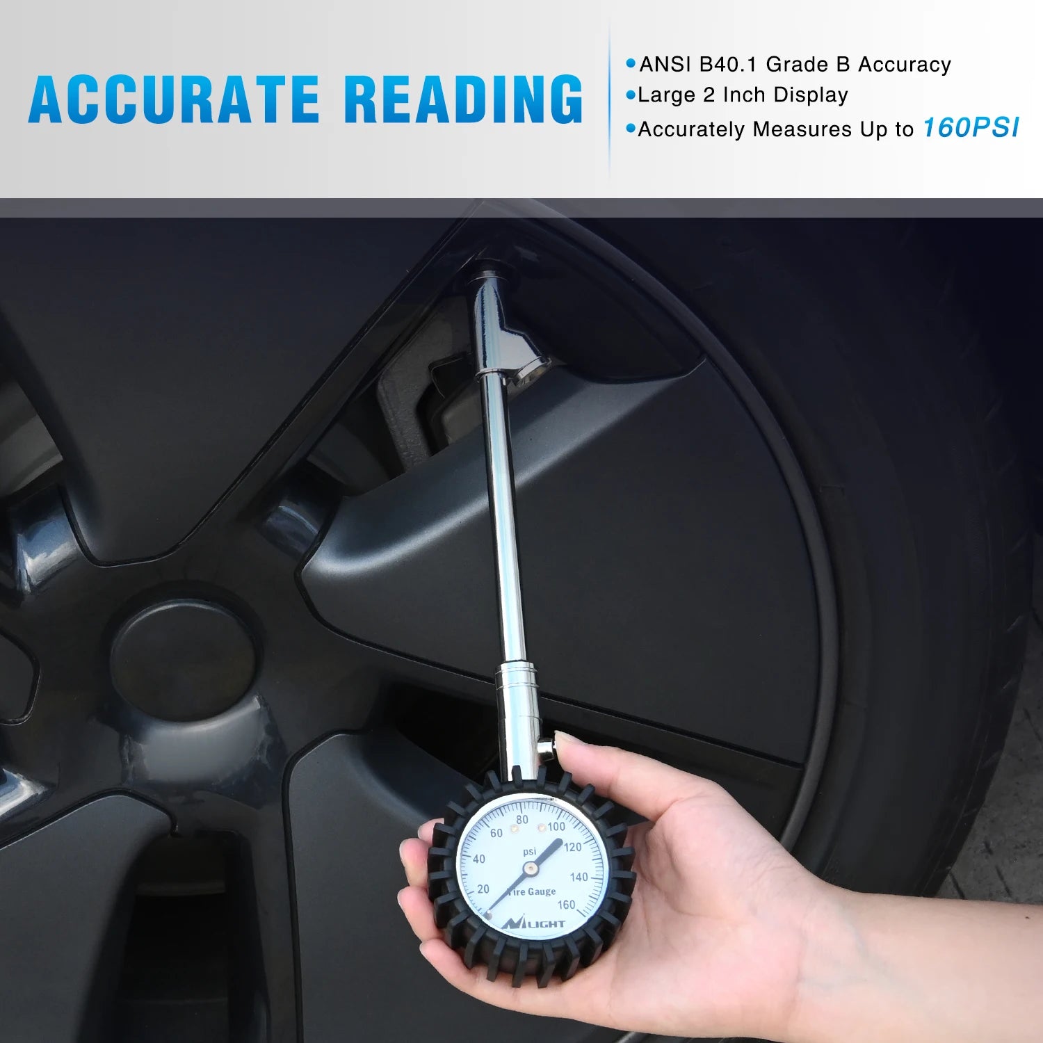 Nilight Tire Pressure Gauge 160PSI Heavy Duty Stainless Steel Dual Head Air Pressure Chucks ANSI B40.1 Certified Large 2" Dial Wheel Checker for Truck Semi Truck ATV Motorhome Cars & RV Accessories