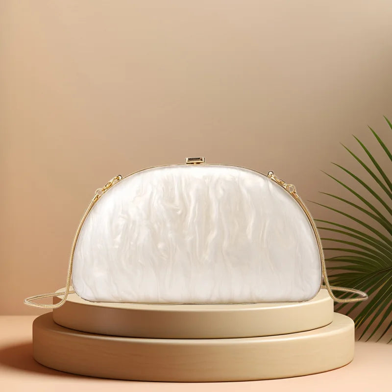 White Shell Shaped Hand-held Box Bag Lipstick Bag New In Fashion Oval Clutch Bag Women Elegant Pearly Luster Chain Crossbody Bag