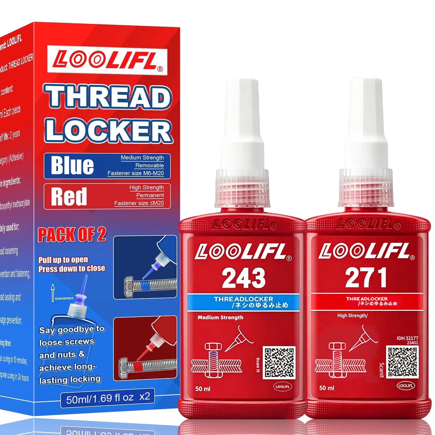 Blue & Red Thread Locker, Medium High Strength Thread Sealant for Nuts Bolts Fasteners Metal Threads, Anti-Loosening Anti-Leak Anaerobic Thread Lock Compound, 50ml×4 Pack Thread Lock Adhesive Glue
