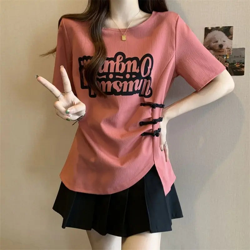 Summer large-size women's clothing is popular, waist and thin irregular buckle design printed short-sleeved T-shirt