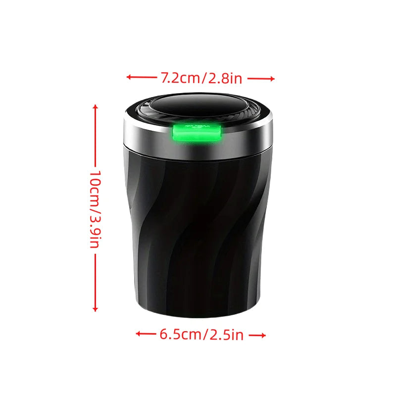 1 car ashtray set, interior use, one click lid opening, large capacity, equipped with LED lights and metal lining.