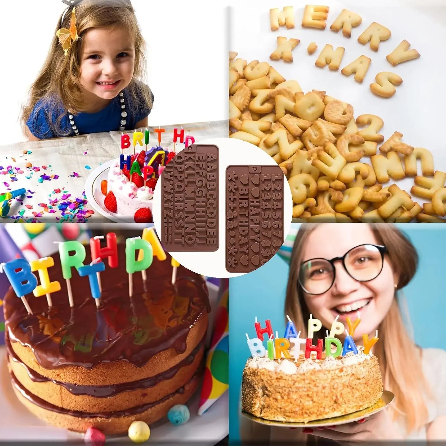 2 pcs Number Chocolate Molds and Letter Silicone Molds,kitchen utensils,with Happy Birthday Cake Decorations Symbols,for Chocolate, Candy, ice cubes,cake cookies (Brown)