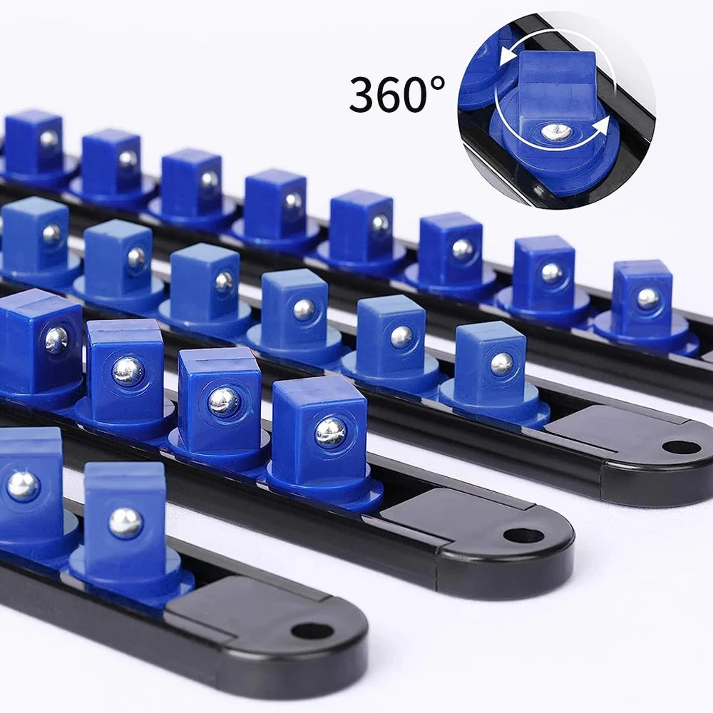Aluminum Magnetic 360° Swivel Socket Organizer 1/4Inch 3/8Inch 1/2Inch Drive Socket Organizer Rack Premium Clip Rail Holder