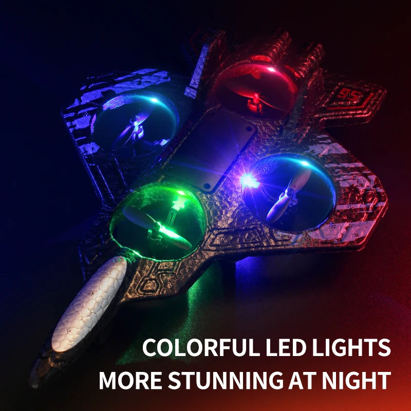 2.4G Remote-Controlled Foam Fighter Plane with Stunt Flips, Hover Capabilities, and Colored Lights.